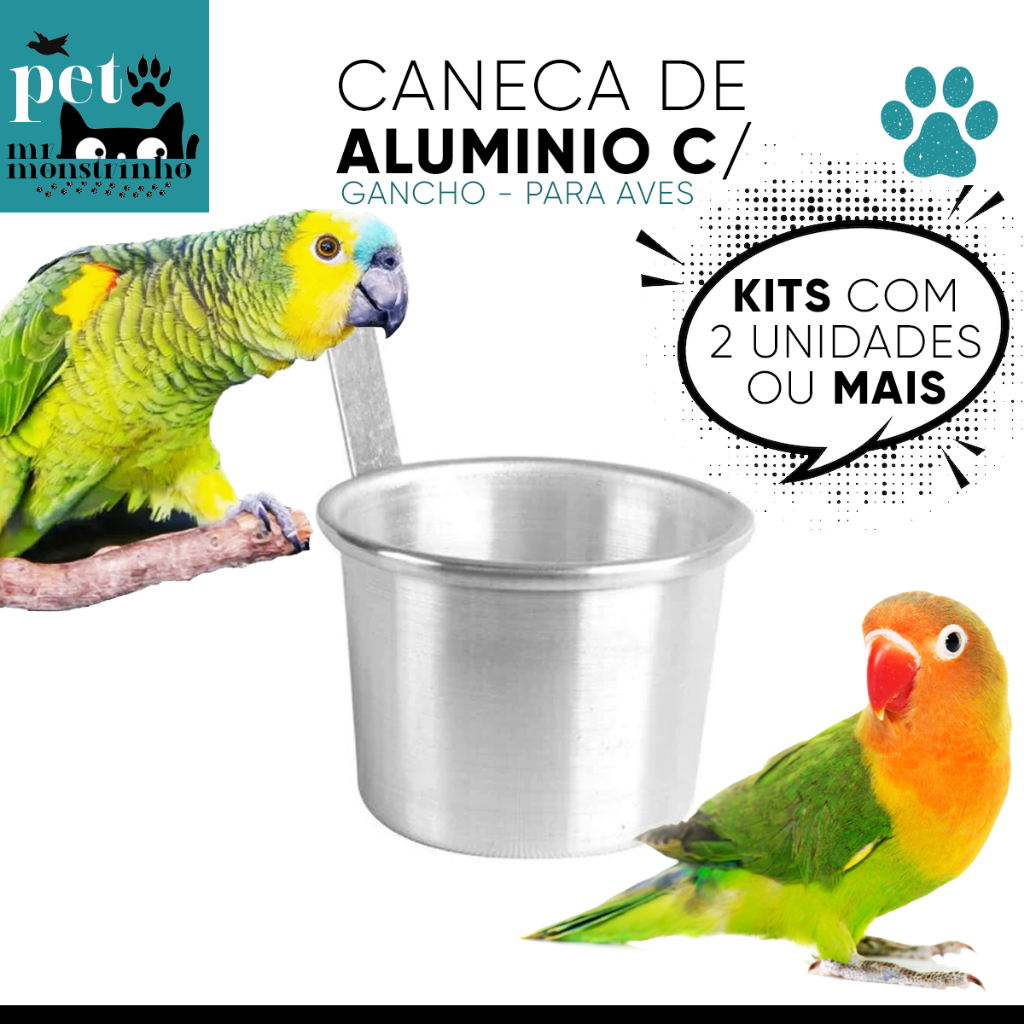 Kit Comedouro Gancho Caneca de Alumínio para Pássaros Pequena Média