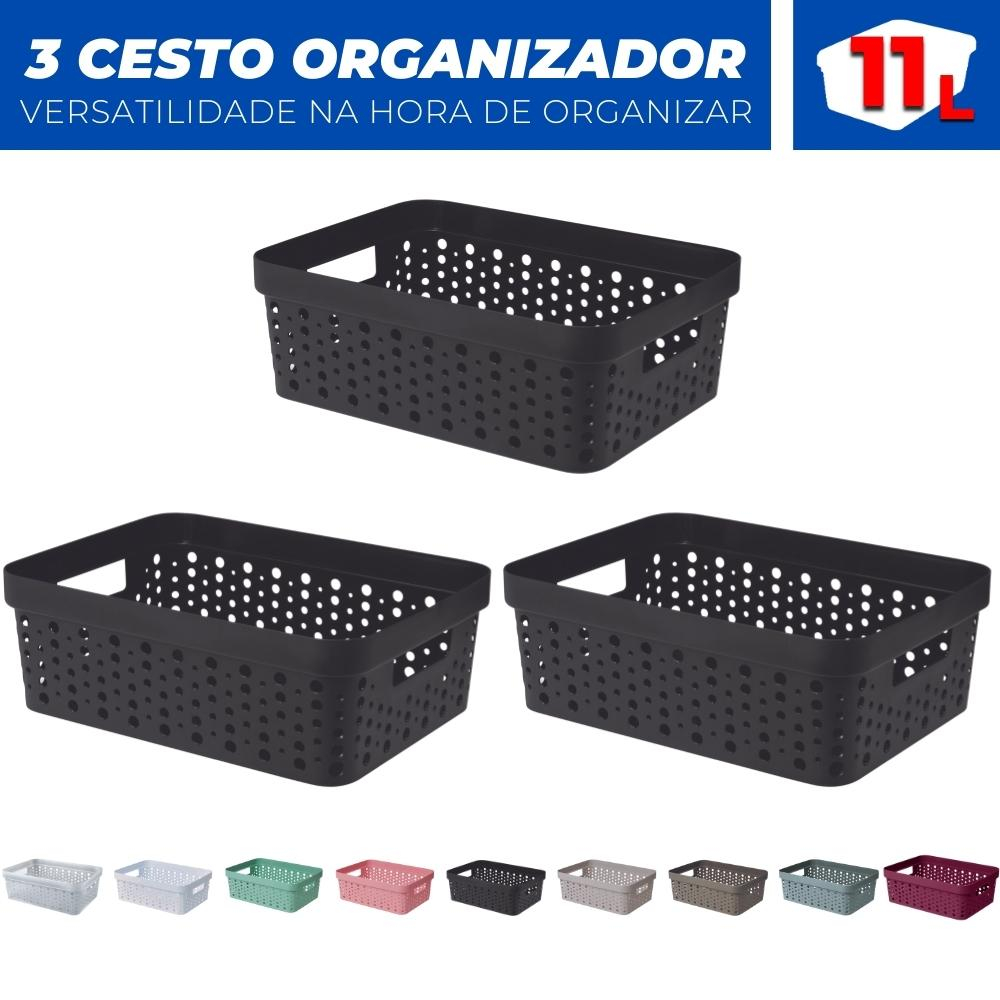 Kit 3 Cesto Organizador S Tampa Trama Rattan 11 Litros Multiuso