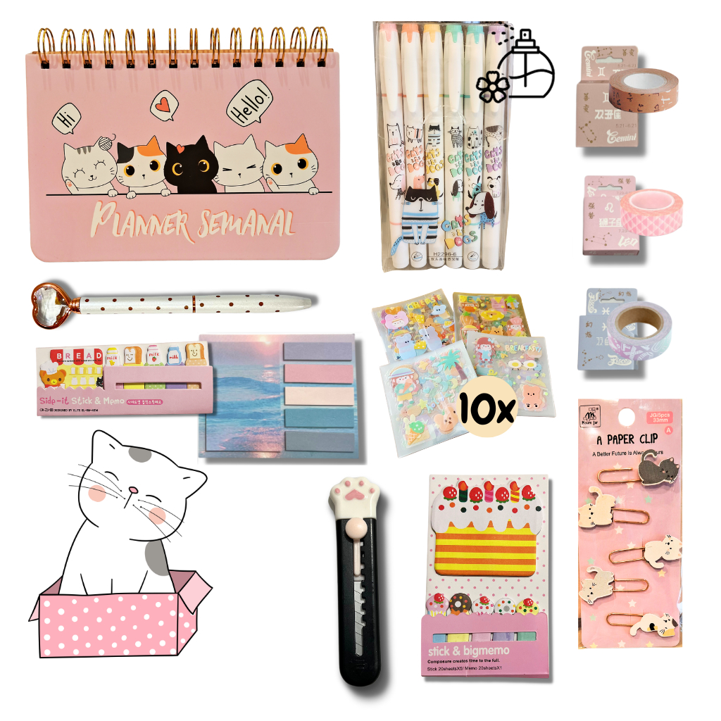 Kit Papelaria Kawaii Fofa Planner Marca Texto Estilete Washi Tape Post