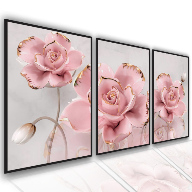 Quadros Decorativos Mosaico 3 Peças 60x40 Flores Rosa Detalhes