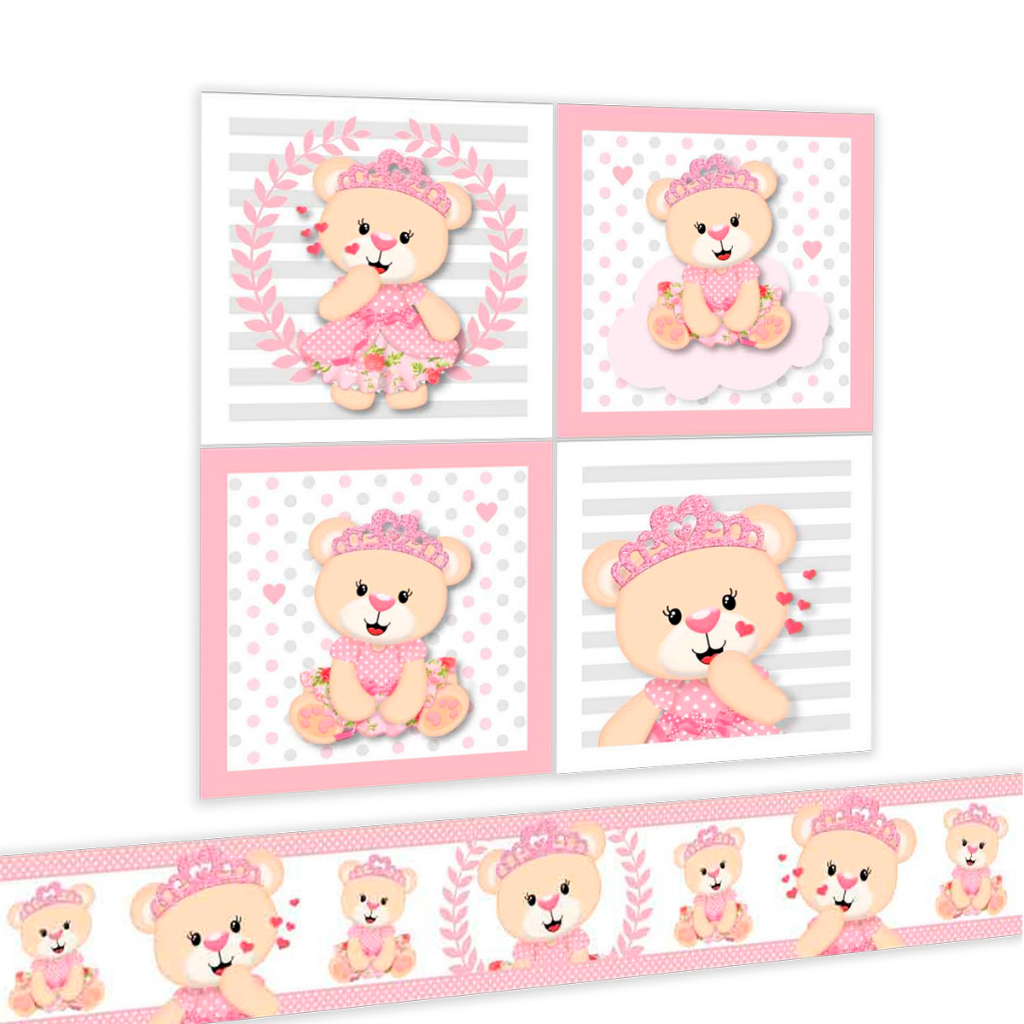 Quadros Decorativos Para Seu Enxoval Faixa Adesiva Ursa Princesa Rosa