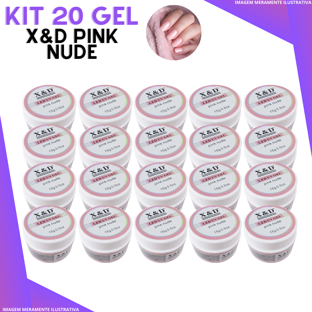 Kit 20 Gel Pink Nude 15g Led Uv Unhas Fibra Acrigel Alongamento