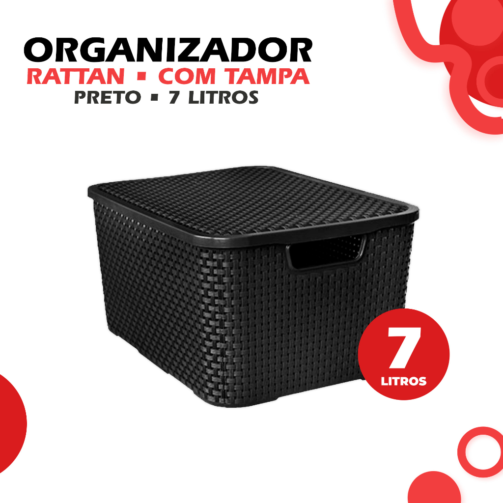 Organizador Multiuso 7 Litros Rattan Tampa De Encaixe Preto