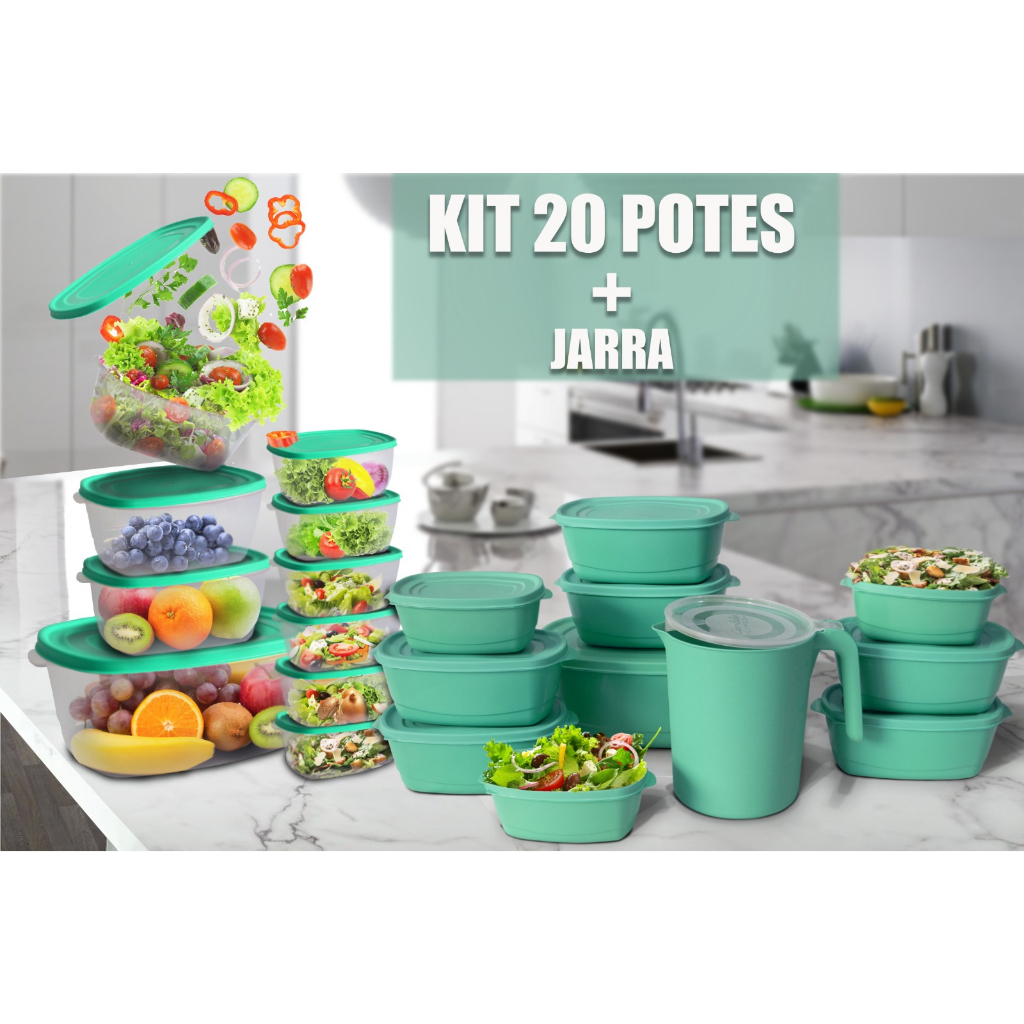 Kit 20 potes herméticos de plástico Jarra de 1 800 ml pode ir ao