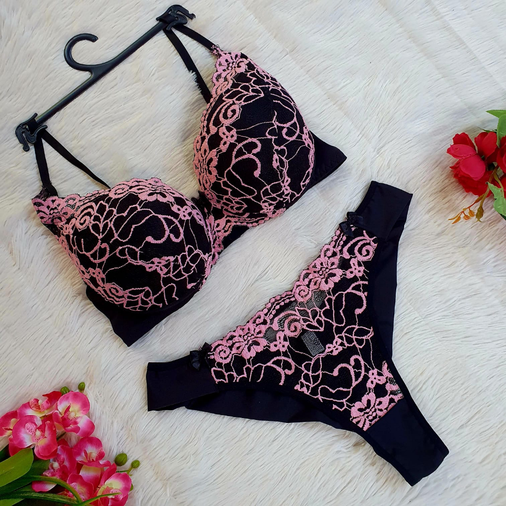 Kit 3 Conjuntos Lingerie Renda Bicolor Calcinha Fio Duplo Shopee