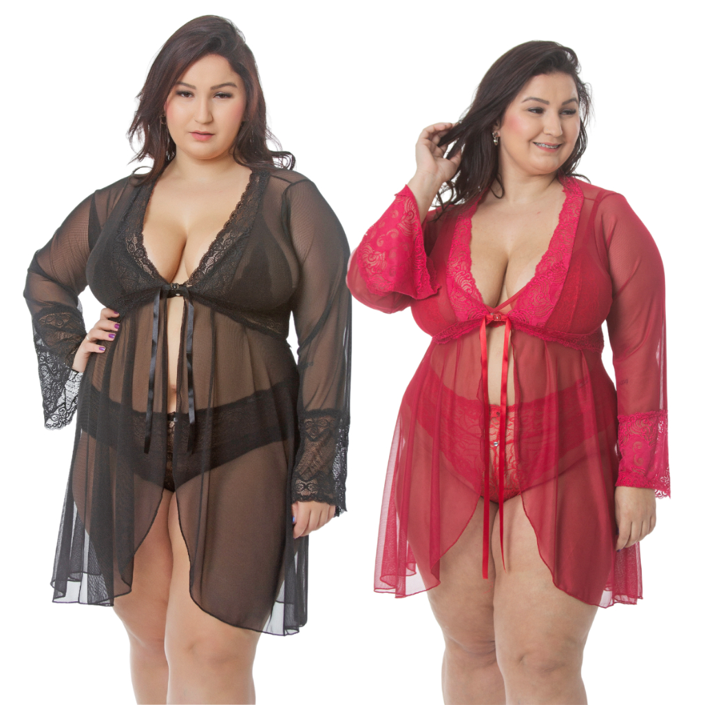 Kit Robe Tule Renda Plus Size Roby Roupao Lingerie Transparente Hobby