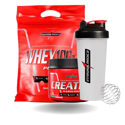 Whey 100 Pure 900g Creatina Hardcore Pura 150g Coqueteleira 600ml