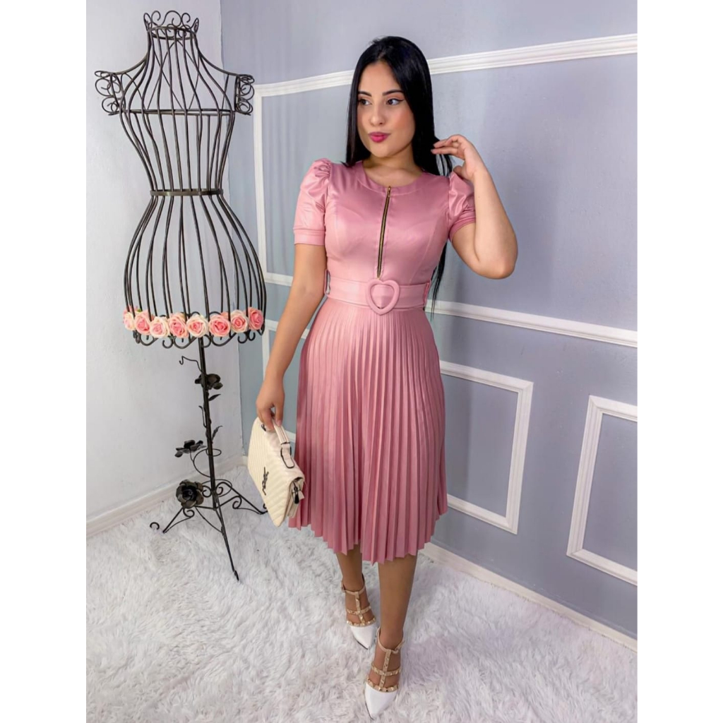 Vestido Plissada Cirre Midi Rodado Moda Evangelica Cinto Shopee