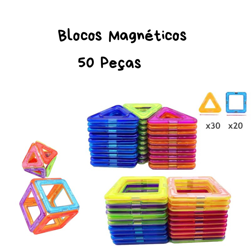 Blocos Magnéticos 50 Peças Brinquedo Para Montar E Desenvolver A