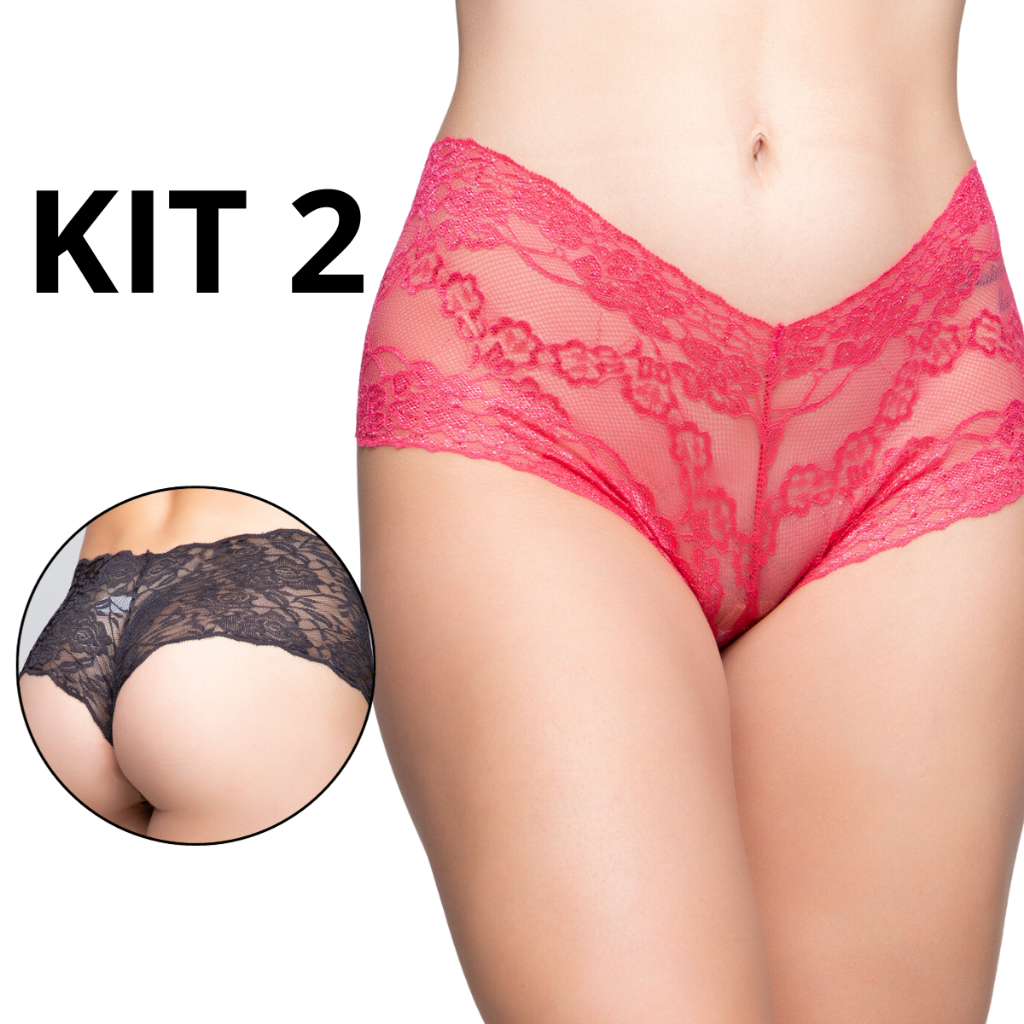 Kit 2 Calcinha Caleçon de Renda Calesson Lingerie Sexy Forro de