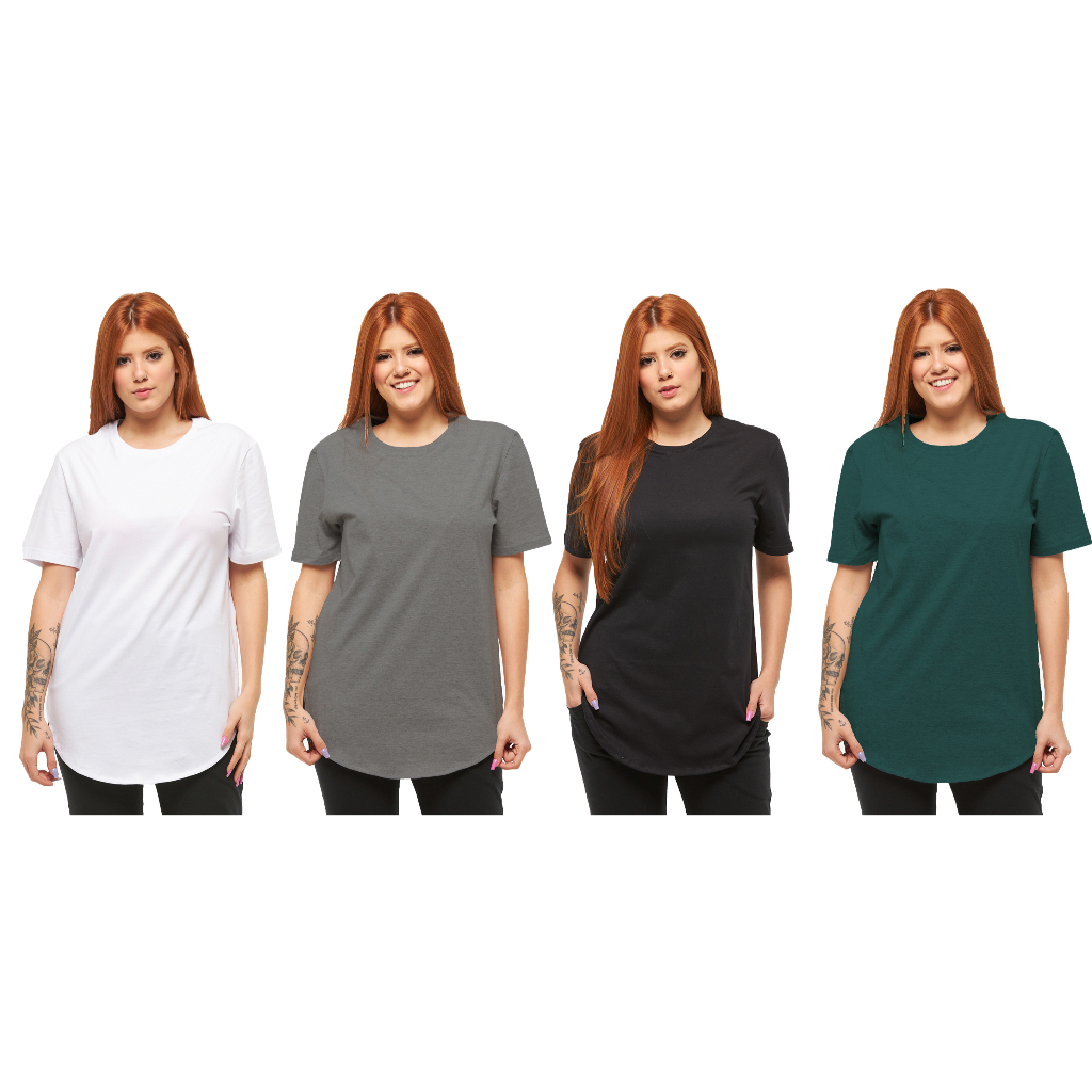 Kit 04 Camisetas Plus Size Longline Feminina Oversized Manga Curta