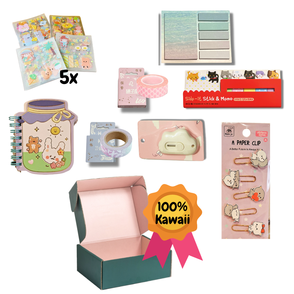 Kit Papelaria Kawaii Bloquinho Post It Estilete Washi Tape Clipes