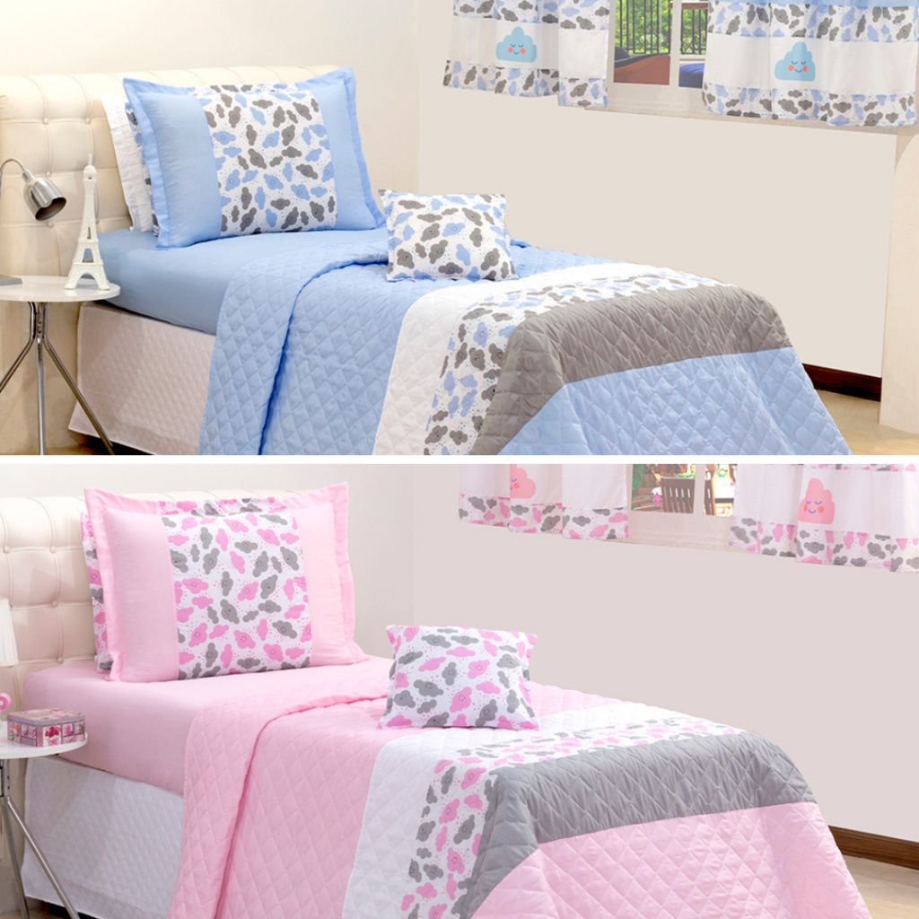 Cobre Leito Infantil Nuvem Rosa e Azul Kit 3 Peças Kit Cobreleito