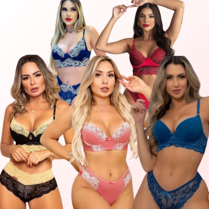 Kit 5 Conjuntos Lingerie Luxo Calcinha e Sutiã Cris Bella R603