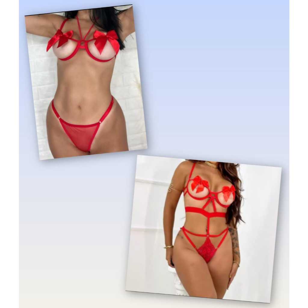 Kit 1 Lingerie Fio Dental sutiâ Aro Laço E 1 Lingerie Body