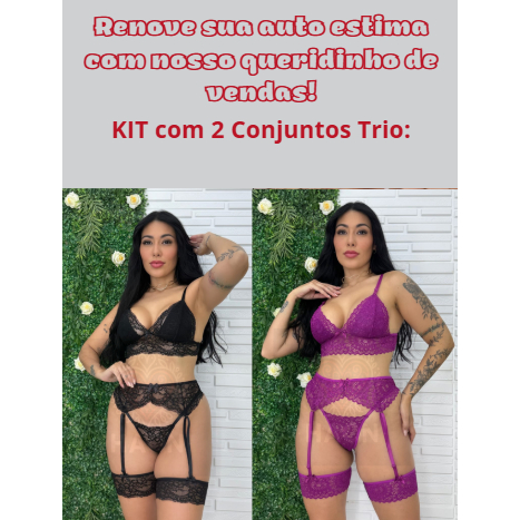 KIT 2 Conjuntos Lingerie Sexy Trio Calcinha Fio Dental Cinta Liga E