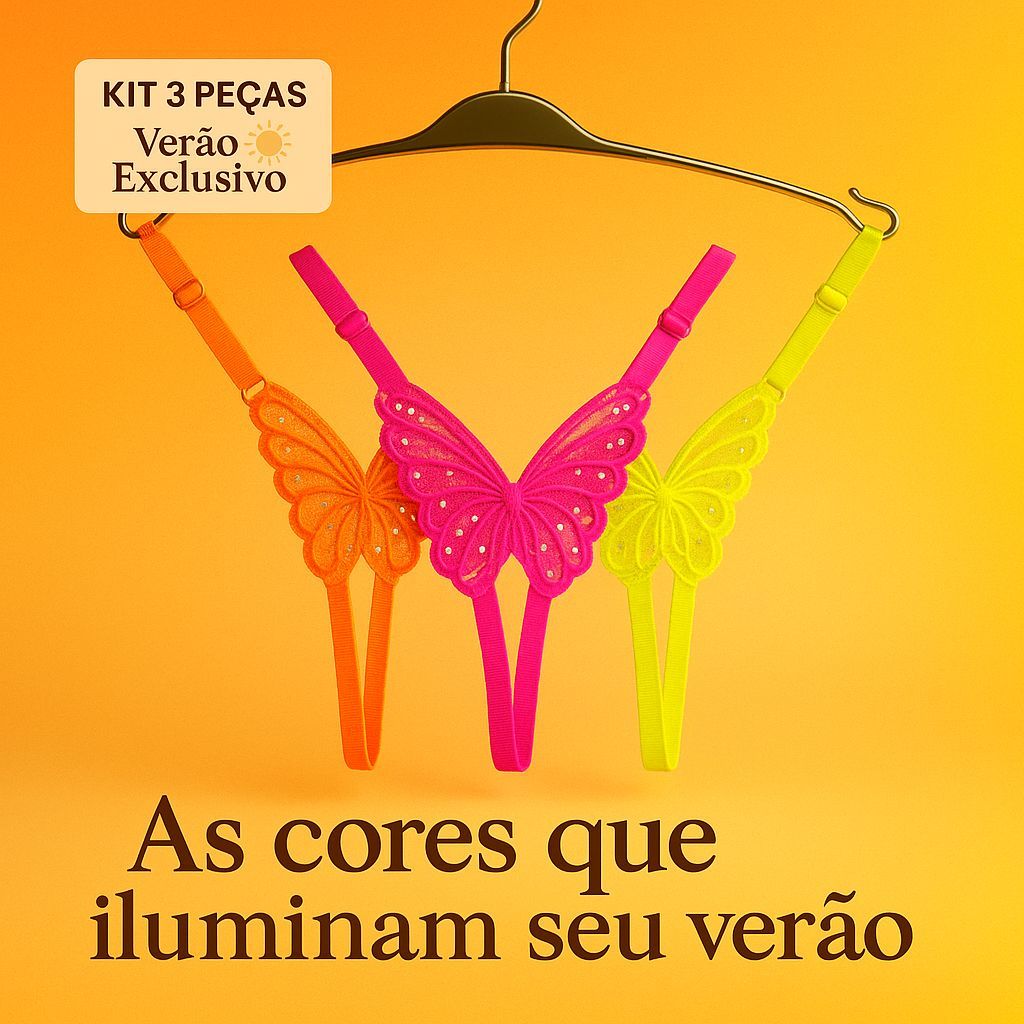 Kit 3 Tangas Borboleta Lingerie Fio Dental Duplo Cós Alto Regulável e