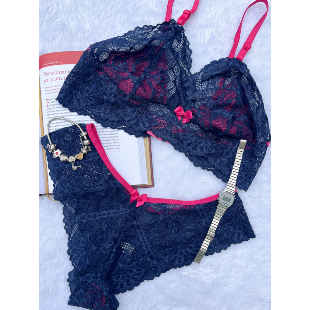 Conjunto Lingerie Renda Sexy Sutiã Sem Bojo Regulagem Calcinha Fio