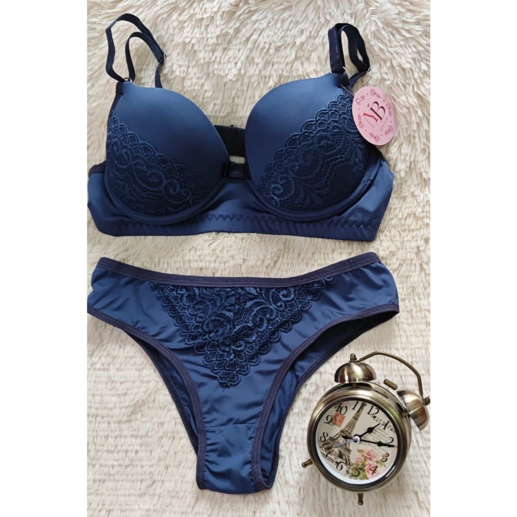 Conjunto Lingerie Feminina Renda Sutiã Bojo Calcinha Azul