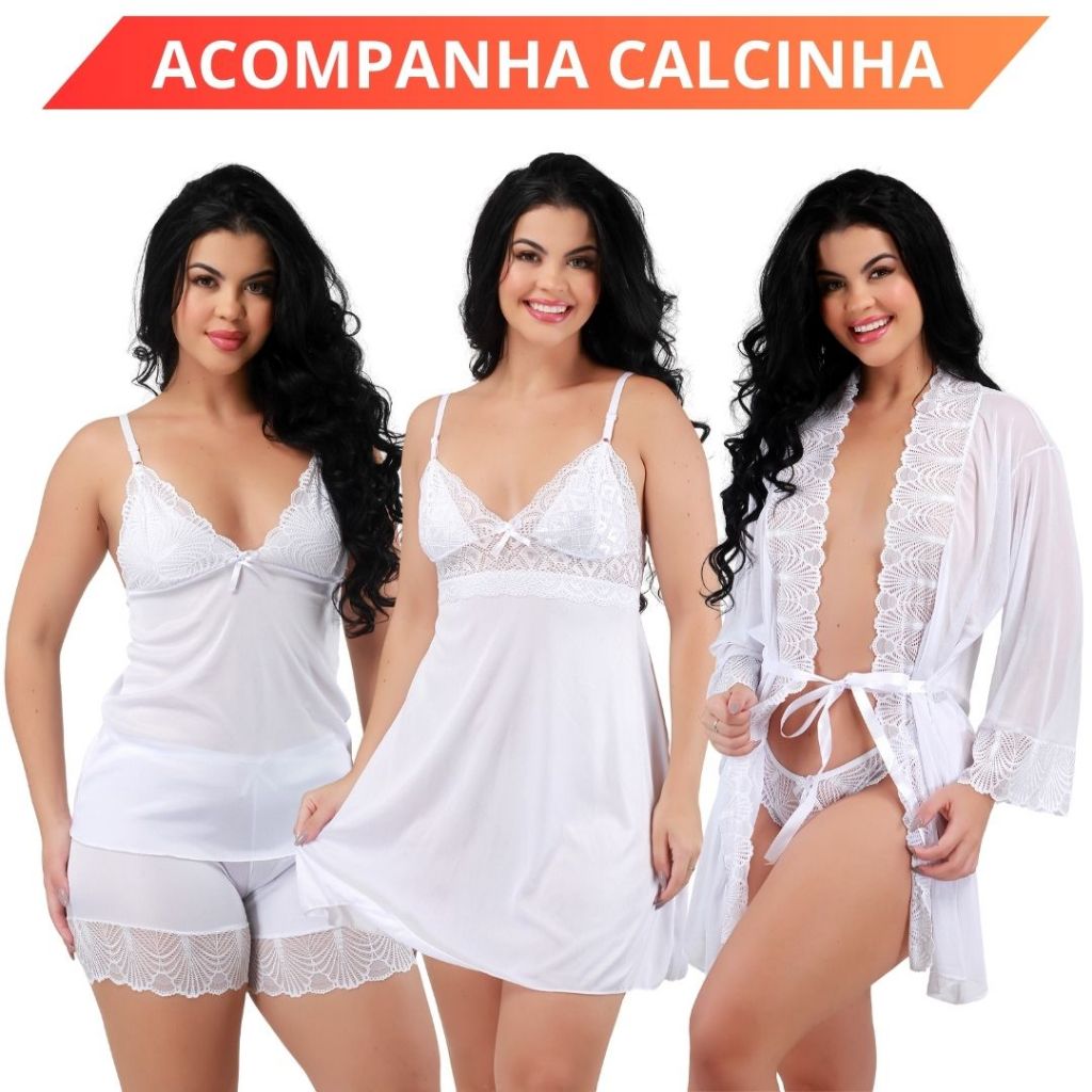 Kit Robe Camisola E Baby Doll Sensual Sexy Lingerie Noite Conjunto