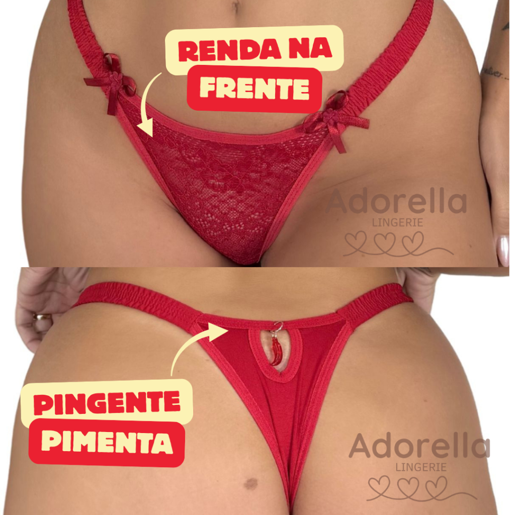 Kit 3 Calcinha Fio Renda Pingente PIMENTINHA String Lingerie Feminina