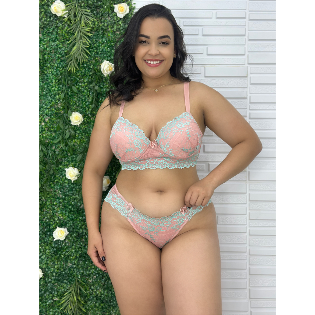 Conjunto Plus Size Lingerie Renda Bicolor Alças Reforçadas Bojo