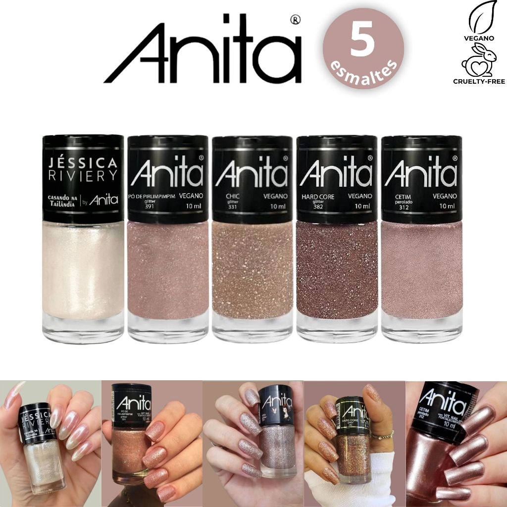 Kit Esmaltes Anita Nude Glitter Brilhante Elegante Longa Duração