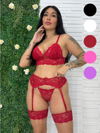 Conjunto Lingerie Trio Sexy Completo Fio Dental Renda Cinta Liga