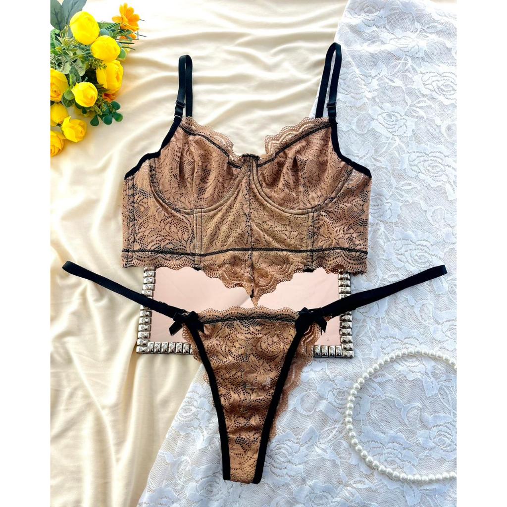 Conjunto Lingerie Rendada Corset Sem Bojo Feminino Sexy Sensual Fio