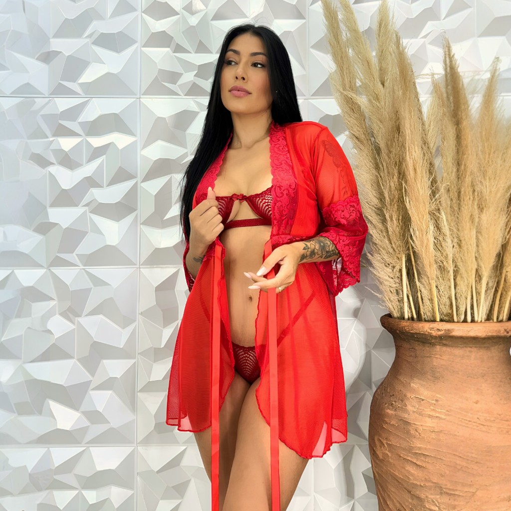 Robe de Tule e Renda Transparente Lingerie Feminina Roupão Robe