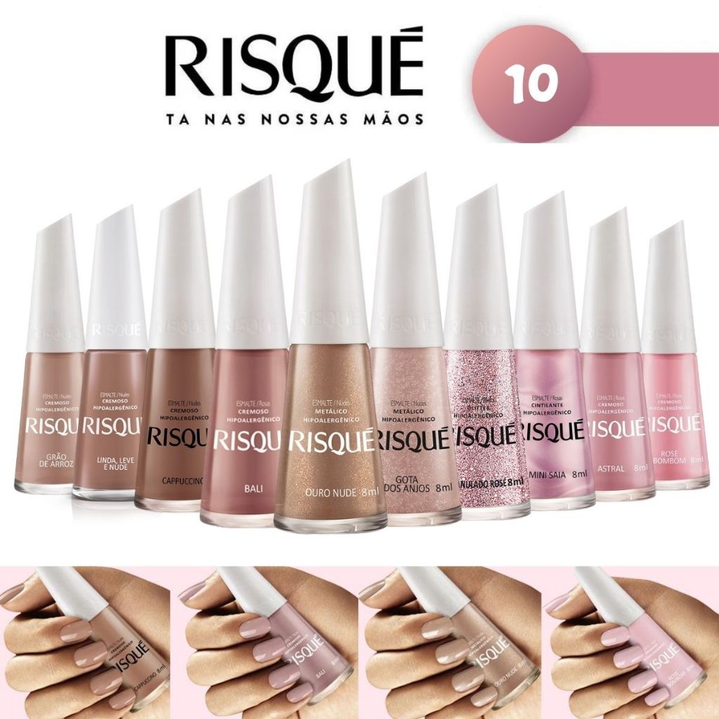 Esmalte Risque Kit 10 cores tons Nude e Rosa Risqué Delicada Shopee Brasil
