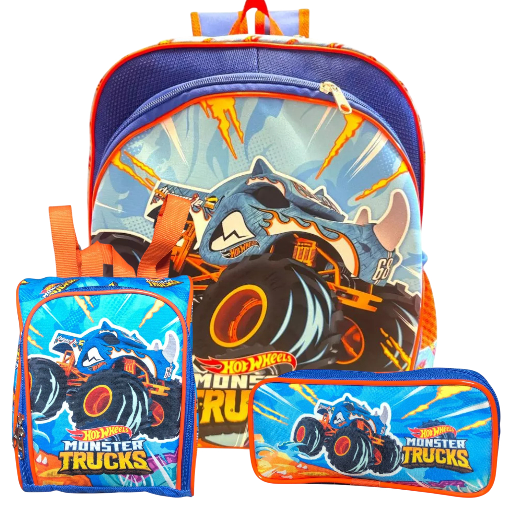 Kit Mochila Escolar Infantil Hot Wheels Monster Trucks Costas Tam G