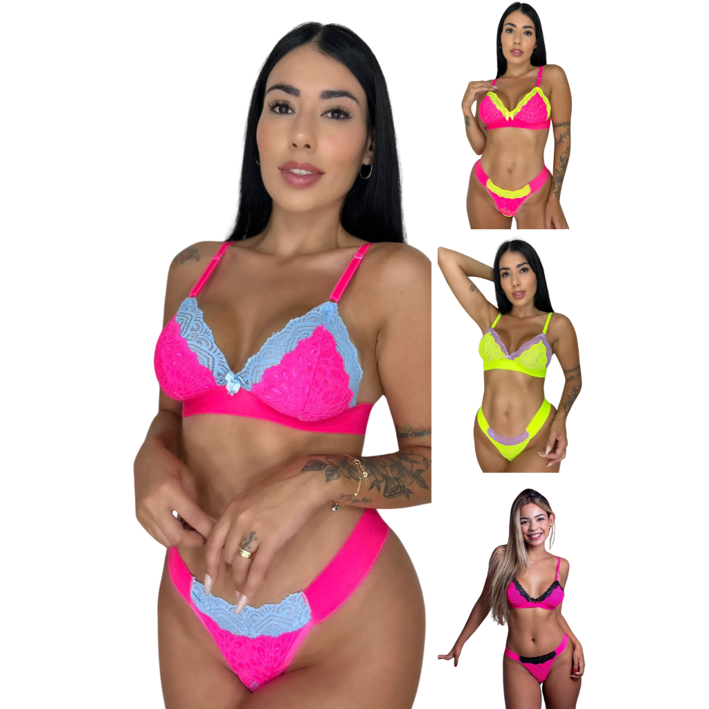Lingerie Neon Renda Bicolor Conjunto Suti E Calcinha Fio Dental Sexy