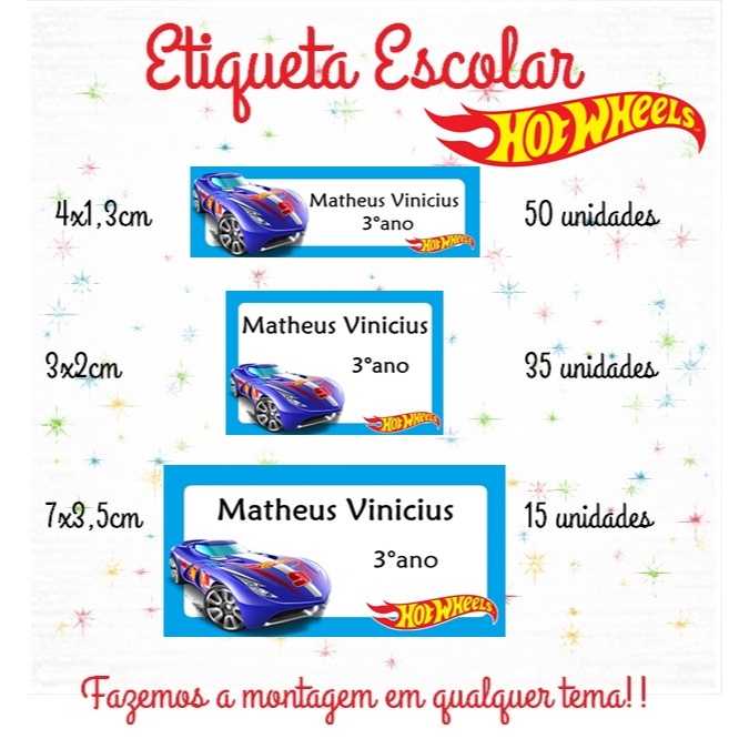 Etiqueta Escolar HOT WHEELS Kit 100 Unidades Em 3 Tamanhos