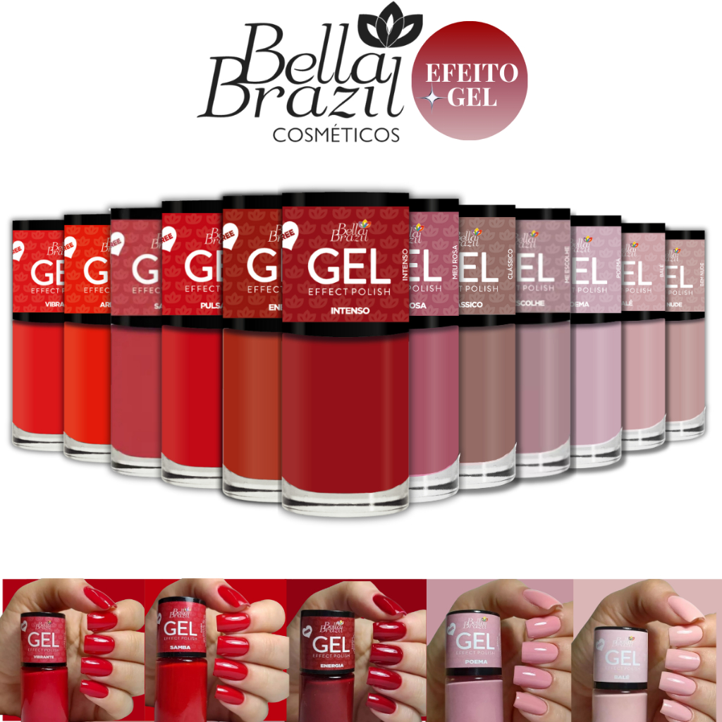 Kit Esmaltes Bella Brazil Efeito Gel Nude Rosa Vermelho Seca Sem