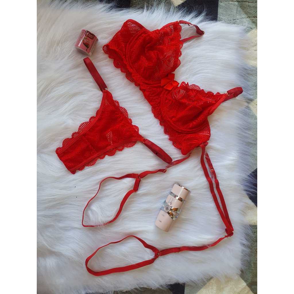 Conjunto De Lingerie Vermelha Sexy Em Renda Suti Sem Bojo Calcinha