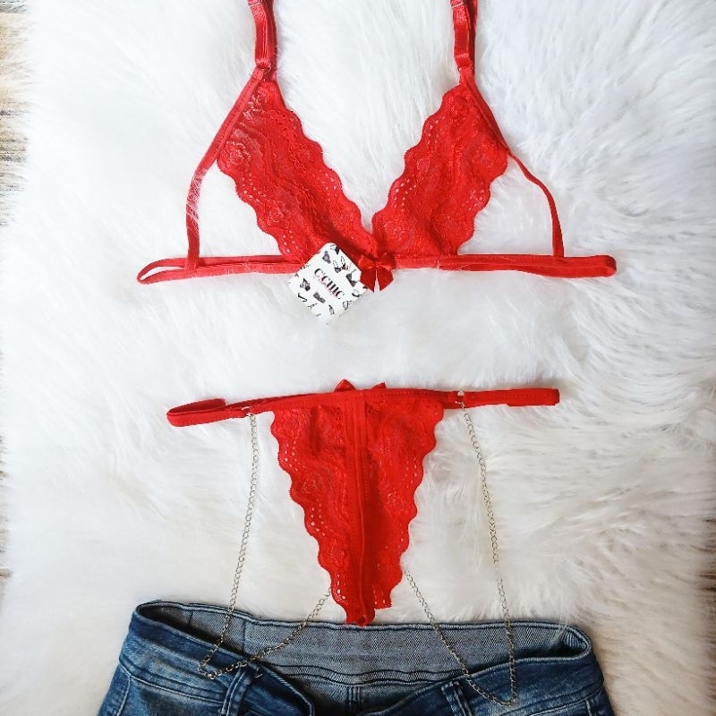 Conjunto De Lingerie Sexy Fantasia Sensual Renda Corrente Shopee Brasil