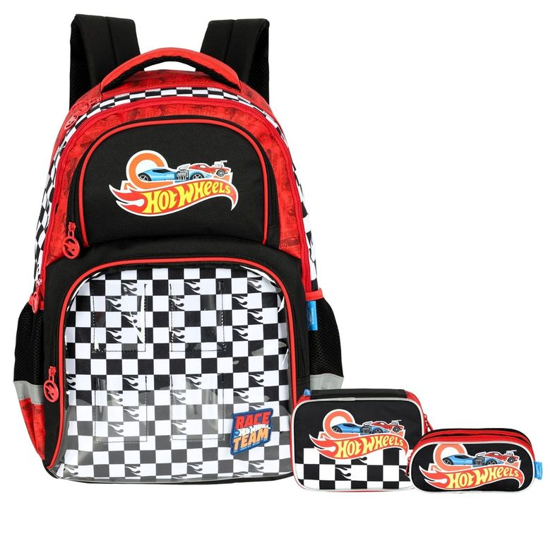 Kit Conjunto Escolar Juvenil Menino Carro Hot Wheels Mochila De Costas