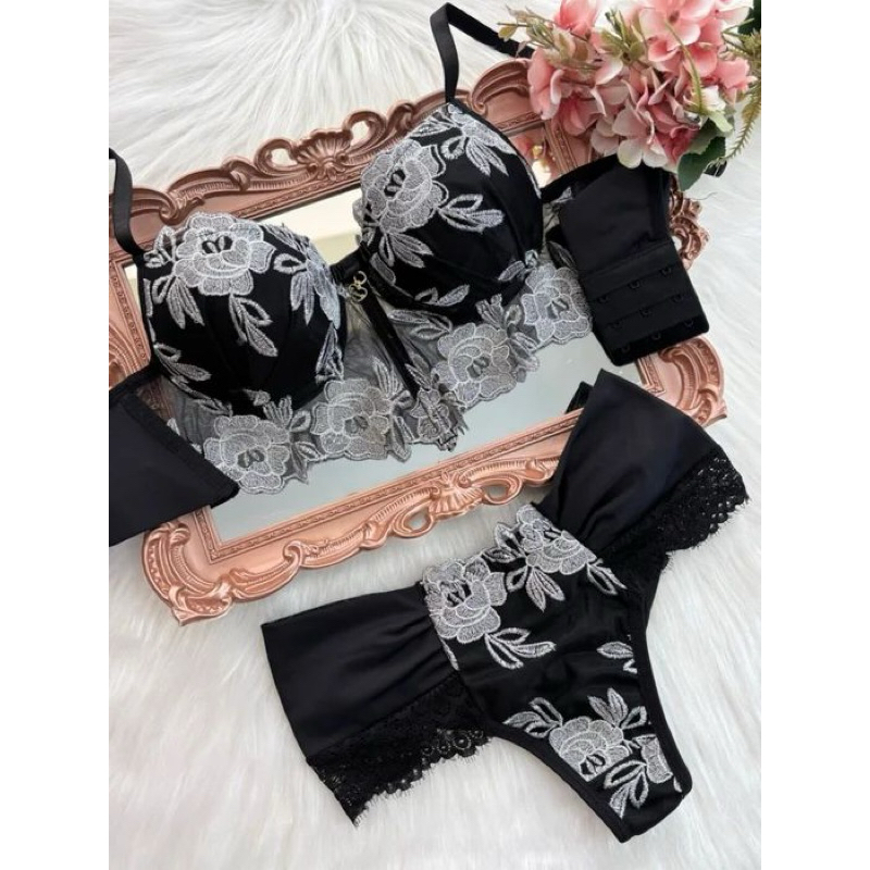 Conjunto Lingerie Cropped Tule Bordado Lingerie Sexy Luxo Sensual