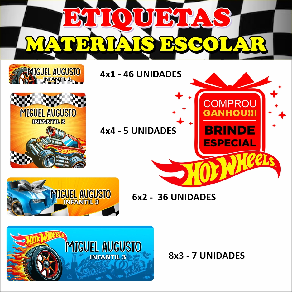 Etiqueta Escolar Personalizada Tema Hot Wheels 94 Adesivos Para