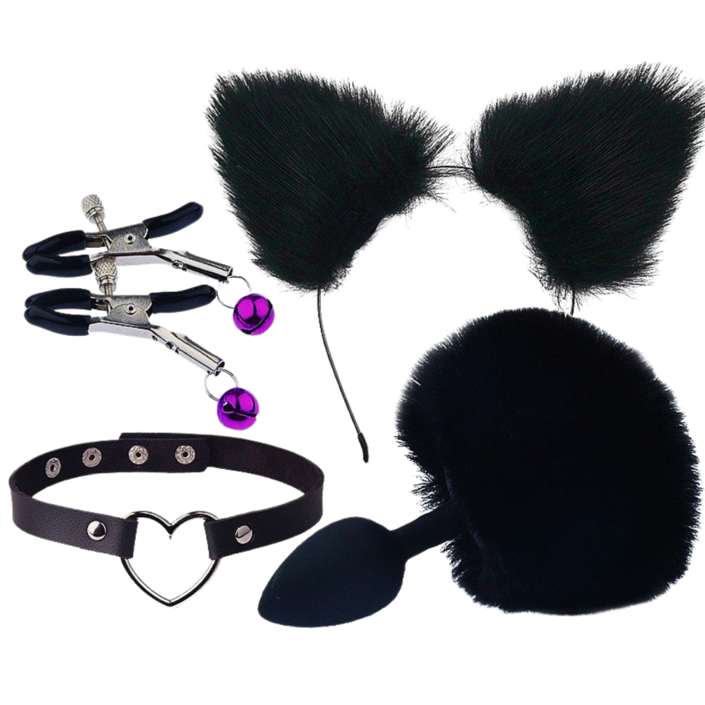 Kit Plug Anal Colar Gargantilha Grampos Para Seios E Tiara De Orelhas