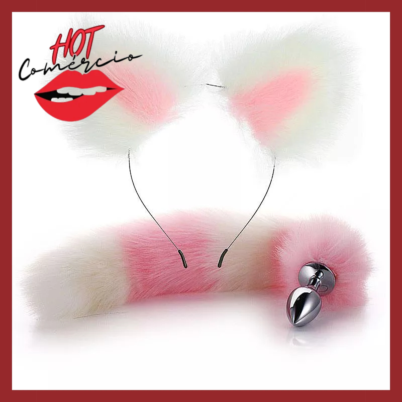 Fantasia Sexual Kit BDSM Raposa Plug Anal Cauda Rosa Branco