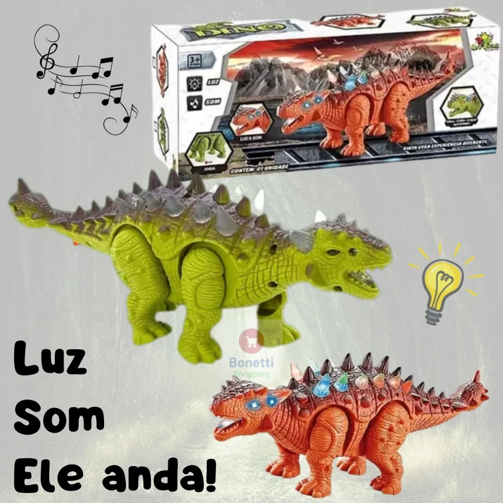 Dino De Brinquedo Dinossauro Anquilossauro 25cm Luz Som E Anda A Pilha