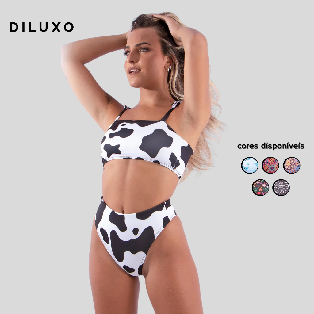 Biquíni Estampado Top Faixa Hot Pants Cintura Alta Cropped Diluxo