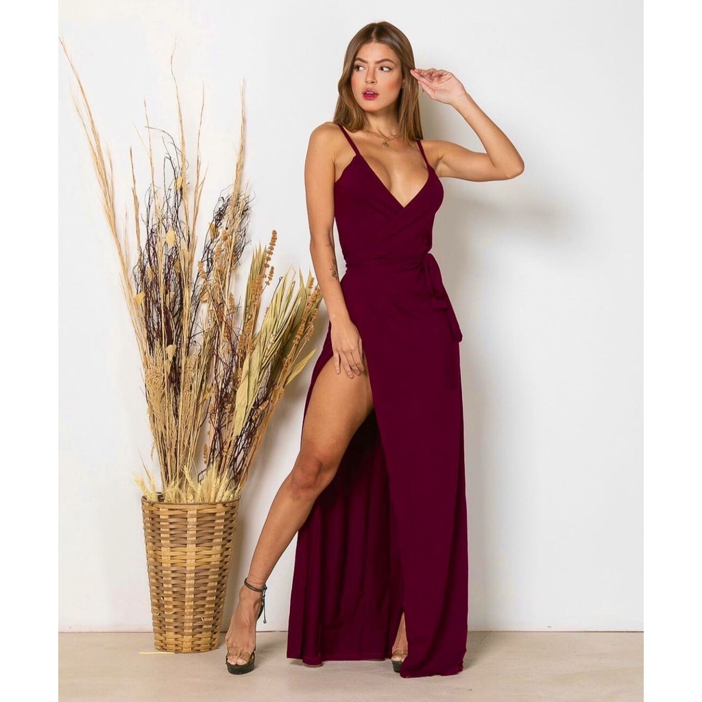 Vestido Longo Envelope Feminino Transpassado Fenda Shopee Brasil