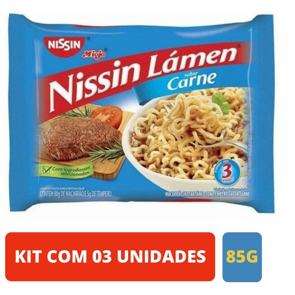 Kit 03 Unidades Macarrao instantâneo Miojo Nissin Sabor Carne 85g