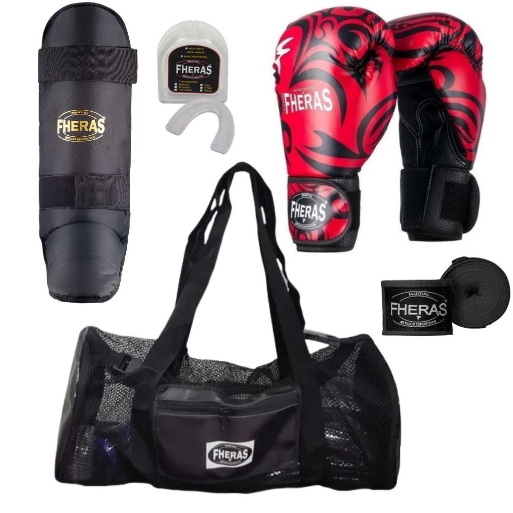 Kit Completo Muay Thai E Boxe Fheras Luva Tribal Vermelha 12oz