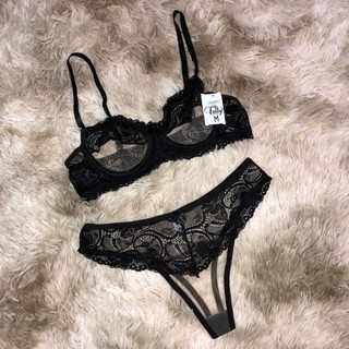 Conjunto Calcinha e Sutiã de Tule e Renda Sutiã aro sem bojo Lingerie Transparente