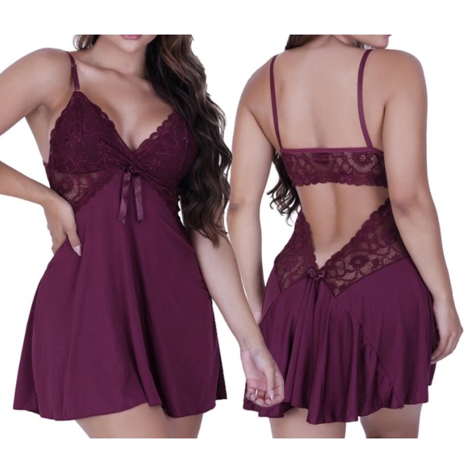 Camisola Sexy Sem Bojo Renda Calcinha Regul Vel Costas Aberta