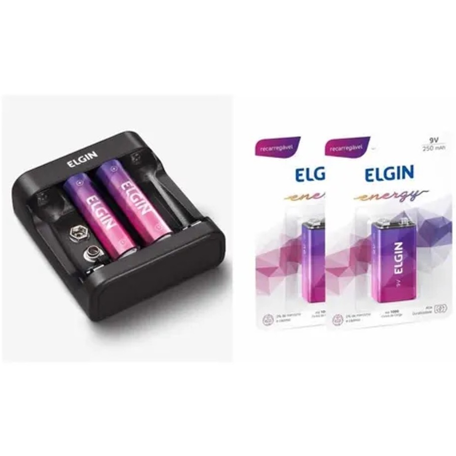 Carregador De Pilhas Usb Elgin C 2 Pilhas AA 1500mah 2 Baterias 9v